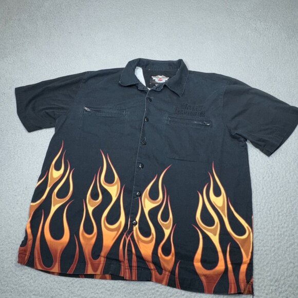 Harley Davidson Shirt Men Large Black‎ Orange Flames Script Bar Shield Zip Short - Picture 4 of 16
